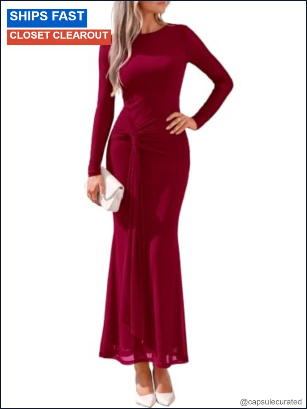 Long Sleeve Tie Waist Maxi Dress Bodycon Ruched Mesh Party Wedding Guest